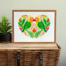 pair of lovebirds art print in a heart shape, bird art print, kumail and issa rae