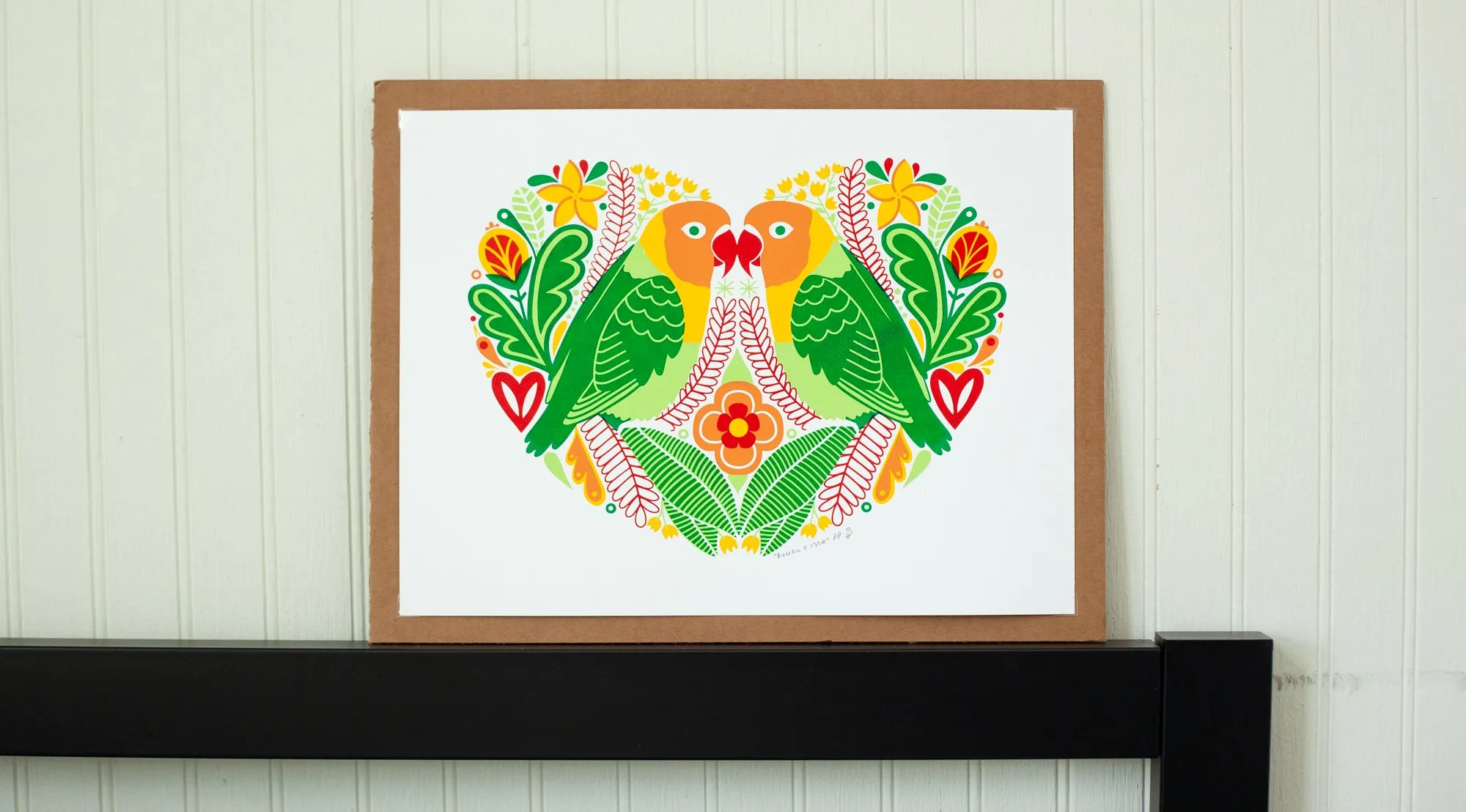 pair of lovebirds art print in a heart shape, bird art print, kumail and issa rae
