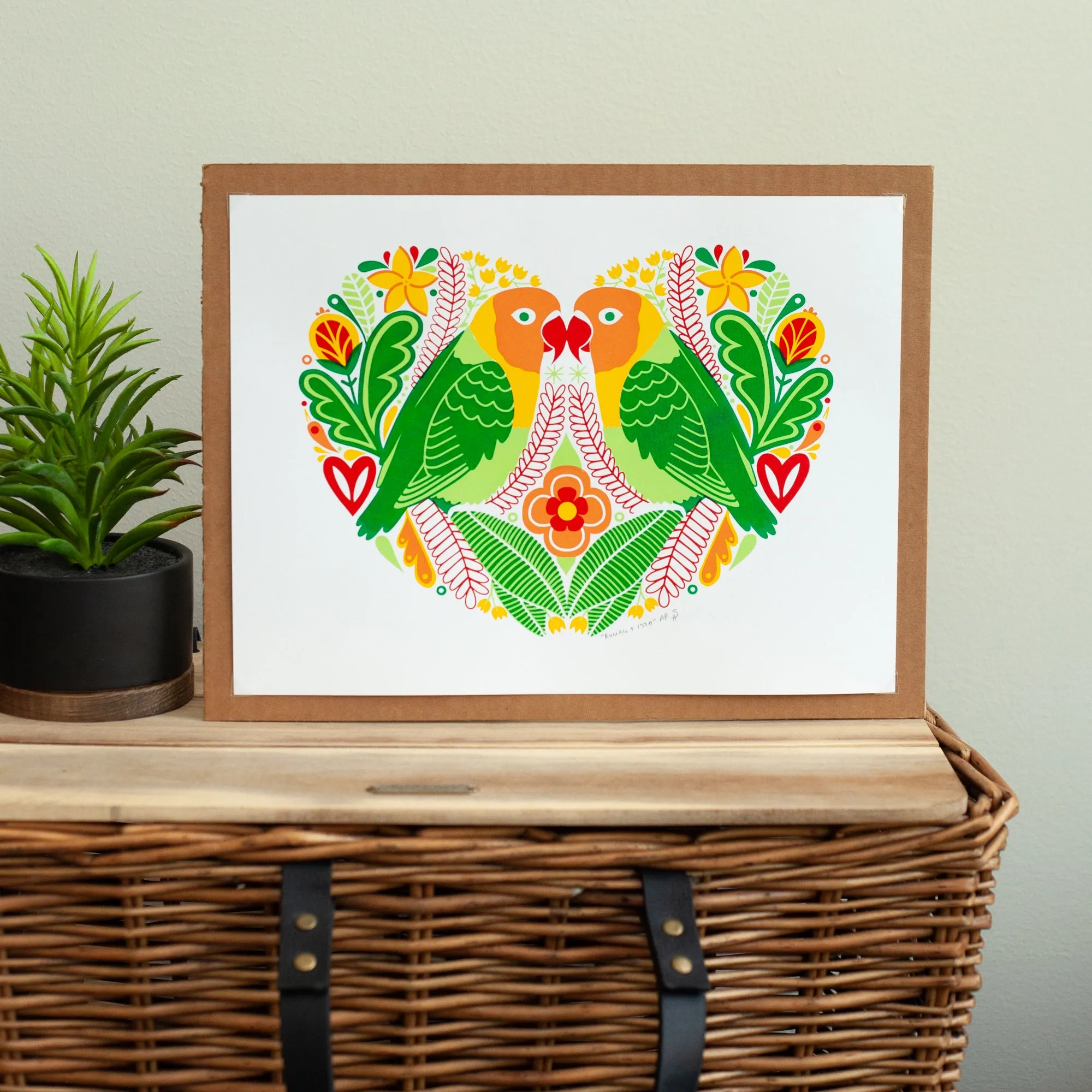pair of lovebirds art print in a heart shape, bird art print, kumail and issa rae