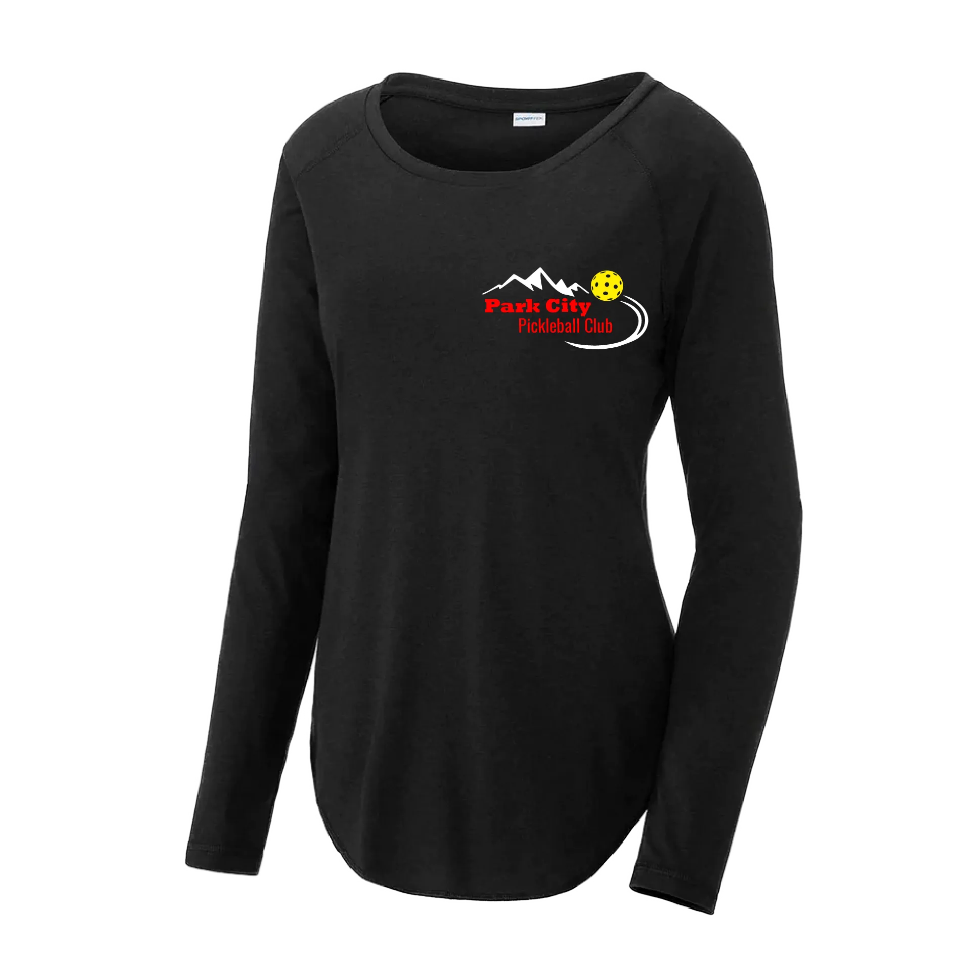 Park City Pickleball Club (Red Words) Customizable | Women's Long Sleeve Scoop Neck Pickleball Shirts | 75/13/12 Poly/Cotton/Rayon