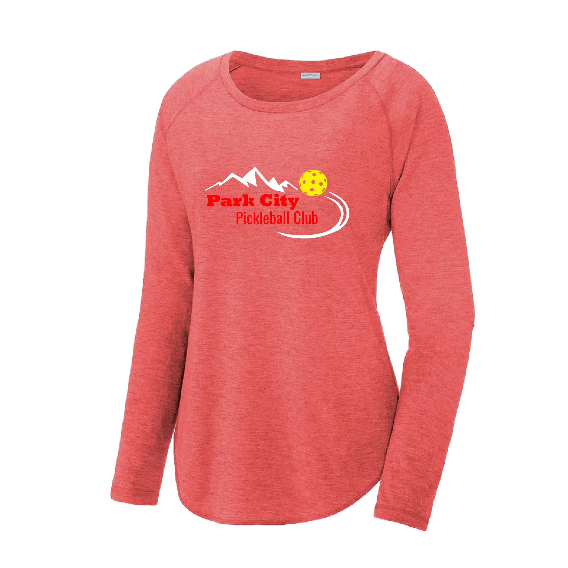 Park City Pickleball Club (Red Words) Customizable | Women's Long Sleeve Scoop Neck Pickleball Shirts | 75/13/12 Poly/Cotton/Rayon