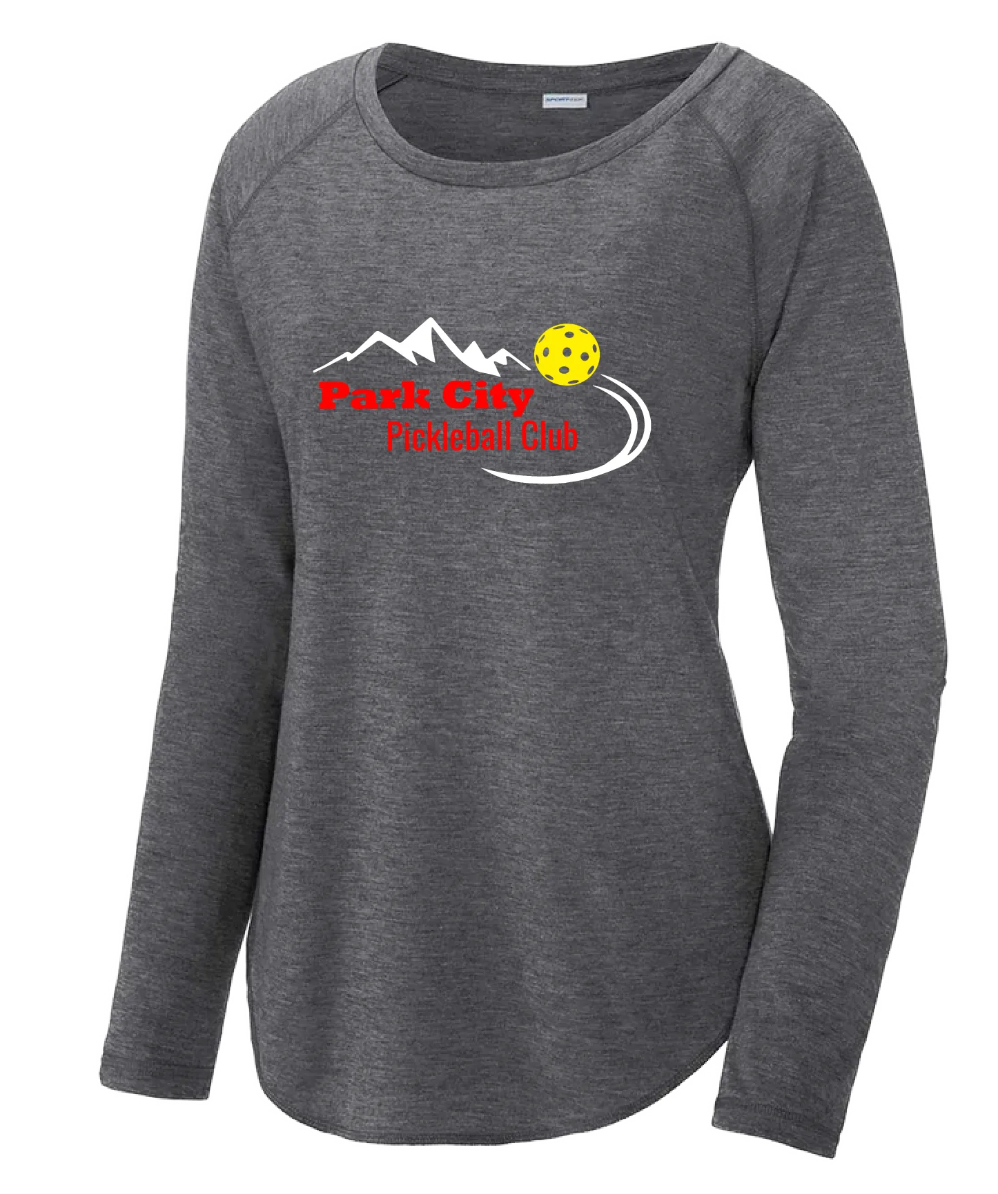 Park City Pickleball Club (Red Words) Customizable | Women's Long Sleeve Scoop Neck Pickleball Shirts | 75/13/12 Poly/Cotton/Rayon