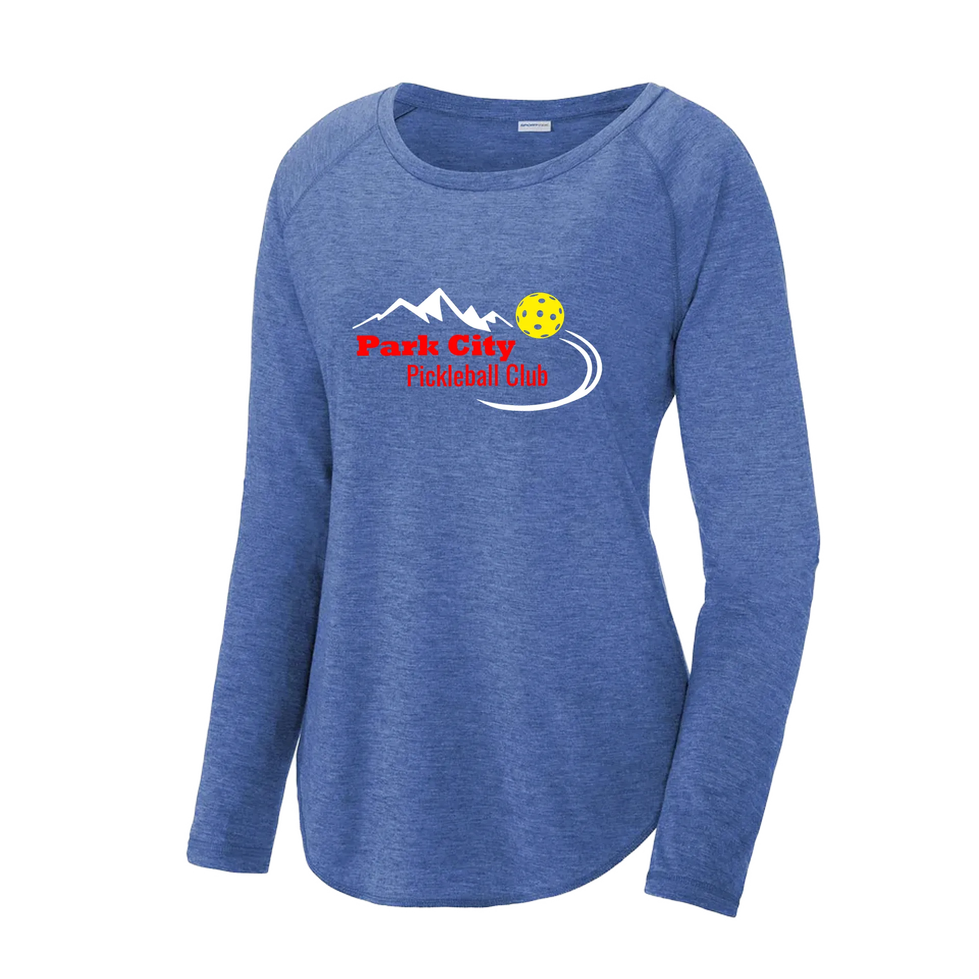 Park City Pickleball Club (Red Words) Customizable | Women's Long Sleeve Scoop Neck Pickleball Shirts | 75/13/12 Poly/Cotton/Rayon