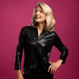 Sequin Notch Collar Lined Blouse in Black