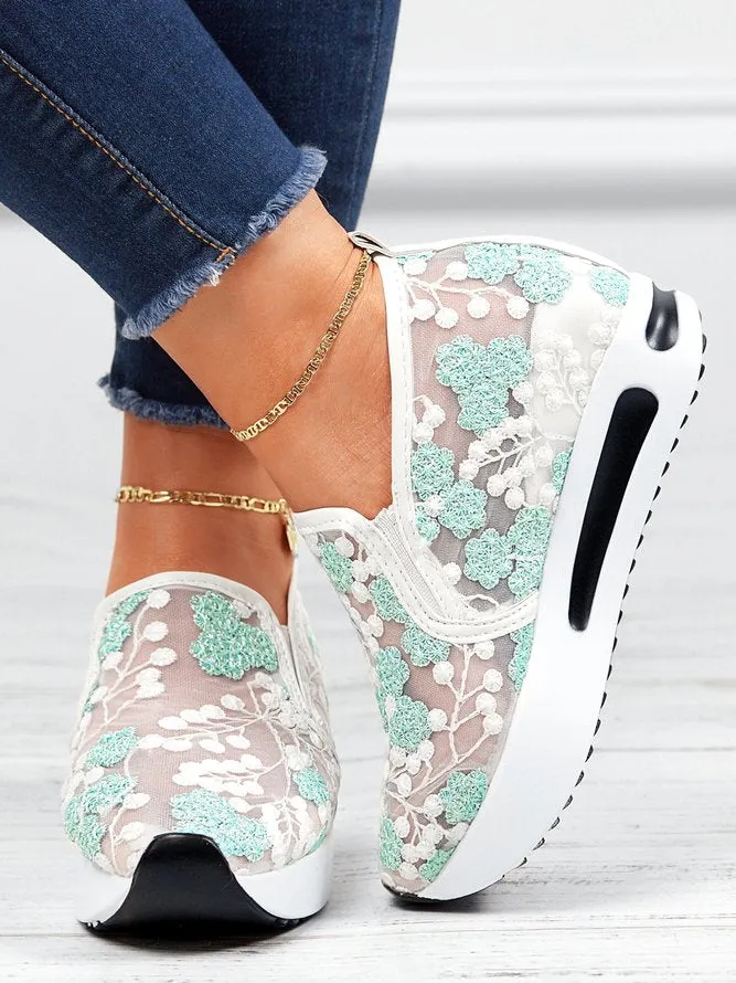 Sohiwoo  Women Floral Embroidery Breathable Sheer Mesh Sneakers