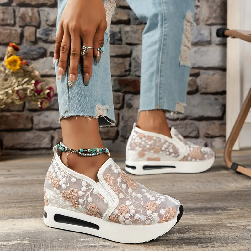 Sohiwoo  Women Floral Embroidery Breathable Sheer Mesh Sneakers