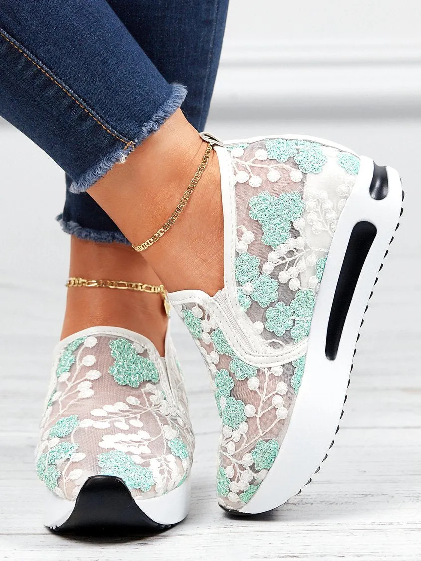 Sohiwoo  Women Floral Embroidery Breathable Sheer Mesh Sneakers