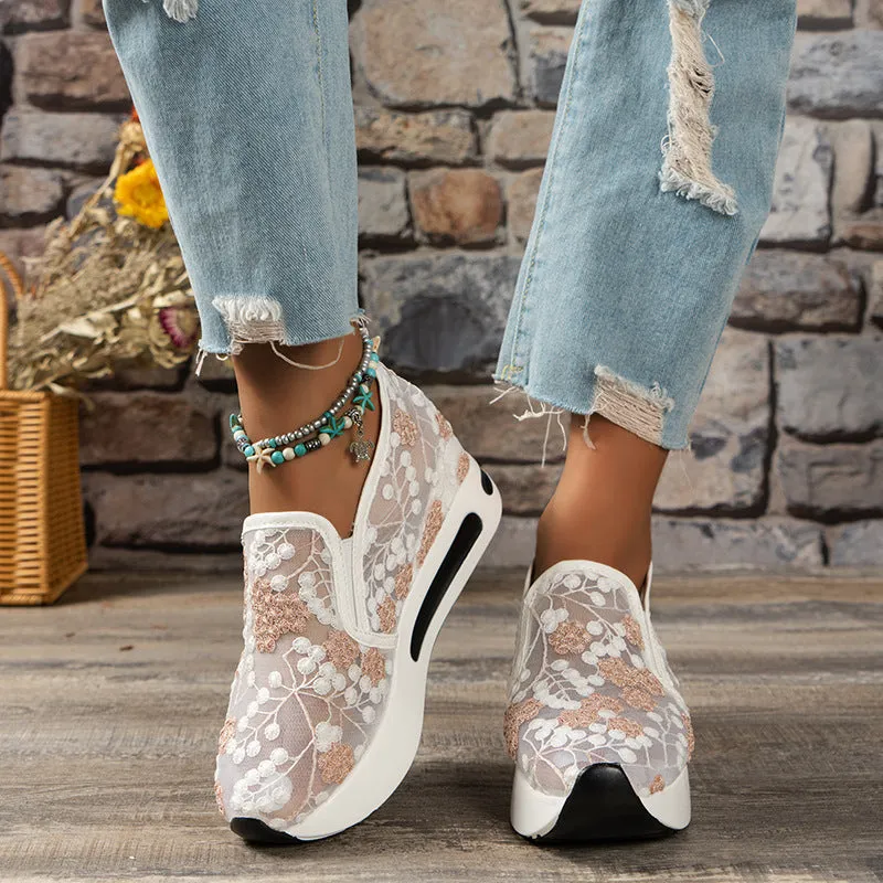 Sohiwoo  Women Floral Embroidery Breathable Sheer Mesh Sneakers