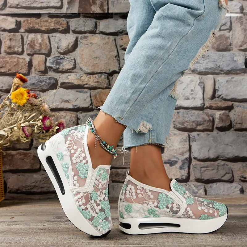 Sohiwoo  Women Floral Embroidery Breathable Sheer Mesh Sneakers