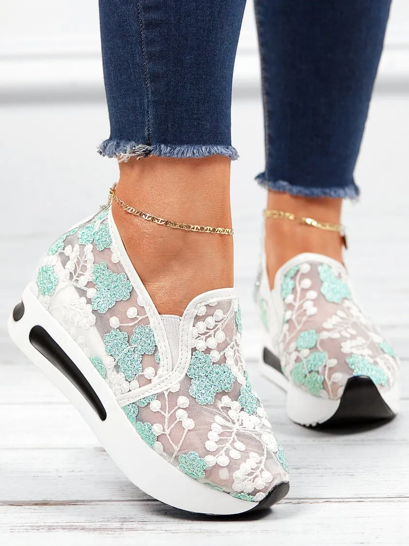 Sohiwoo  Women Floral Embroidery Breathable Sheer Mesh Sneakers