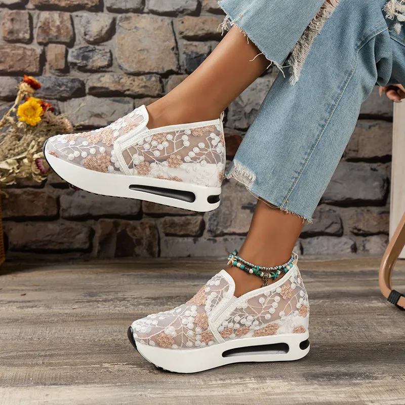 Sohiwoo  Women Floral Embroidery Breathable Sheer Mesh Sneakers
