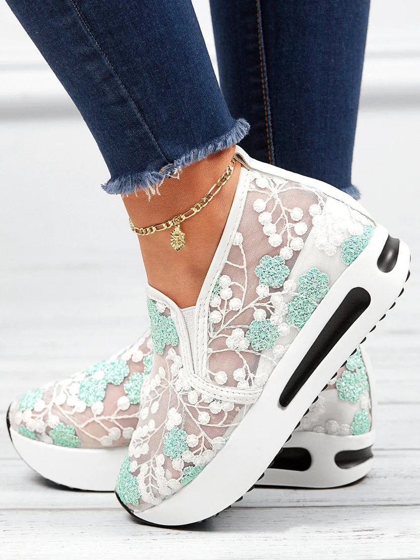 Sohiwoo  Women Floral Embroidery Breathable Sheer Mesh Sneakers