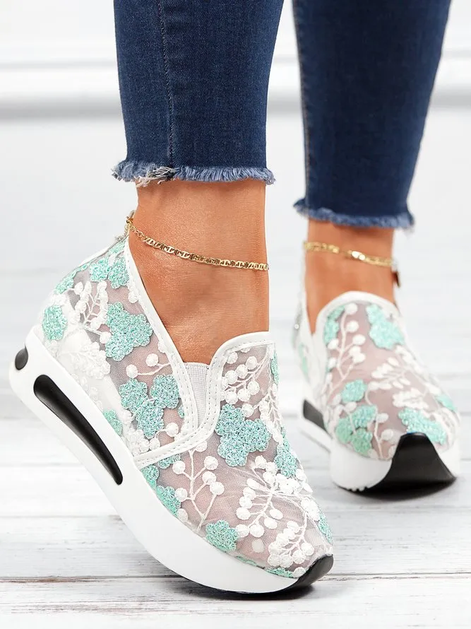 Sohiwoo  Women Floral Embroidery Breathable Sheer Mesh Sneakers