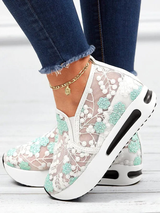 Sohiwoo  Women Floral Embroidery Breathable Sheer Mesh Sneakers