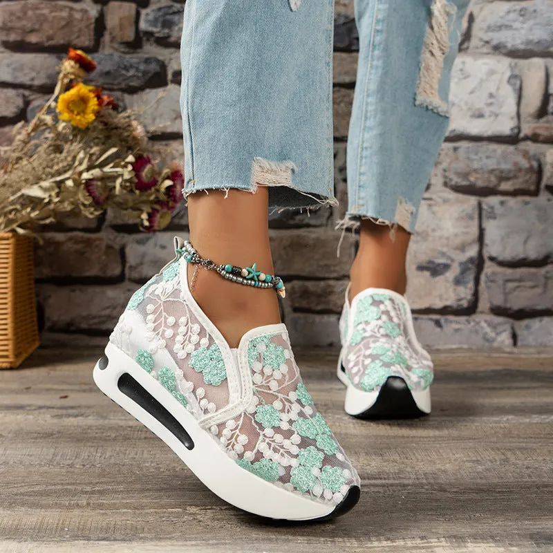Sohiwoo  Women Floral Embroidery Breathable Sheer Mesh Sneakers