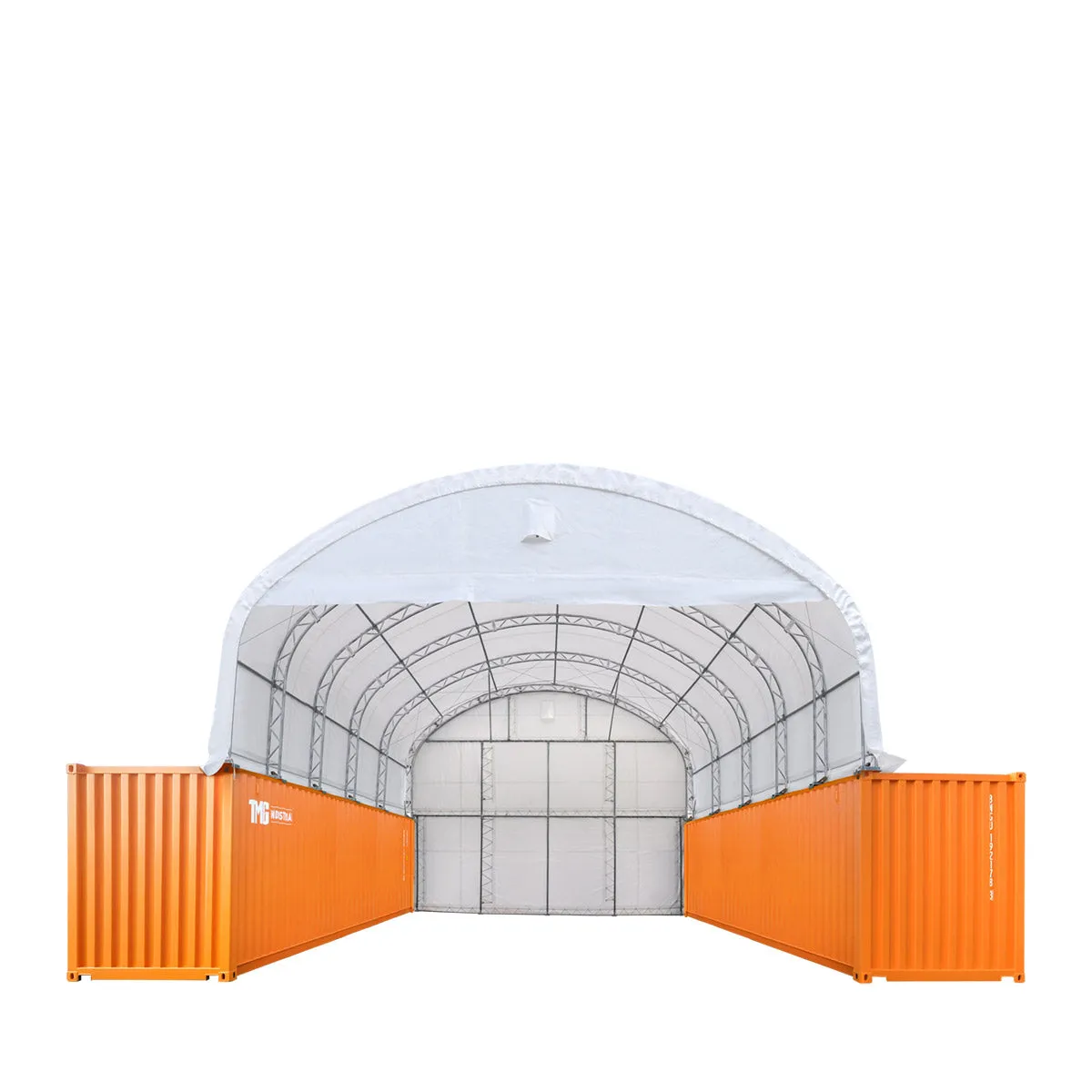 TMG Industrial 30' x 40' Dual Truss Container Shelter with Heavy Duty 17 oz PVC Cover, Enclosed End Wall & Front Drop, TMG-DT3040CF