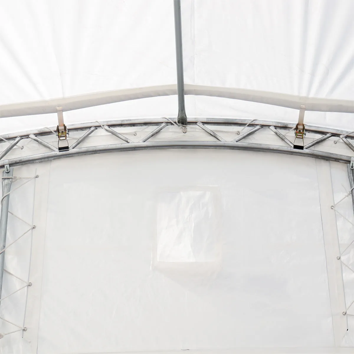 TMG Industrial 30' x 40' Dual Truss Container Shelter with Heavy Duty 17 oz PVC Cover, Enclosed End Wall & Front Drop, TMG-DT3040CF