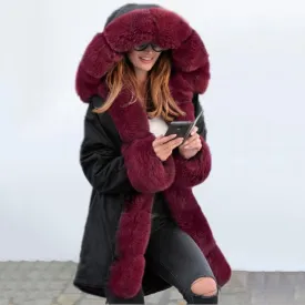 Winter Black Faux Fur-trimmed Long-length Overcoat