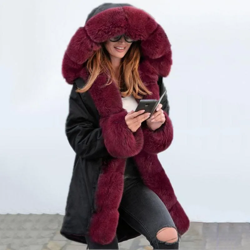 Winter Black Faux Fur-trimmed Long-length Overcoat