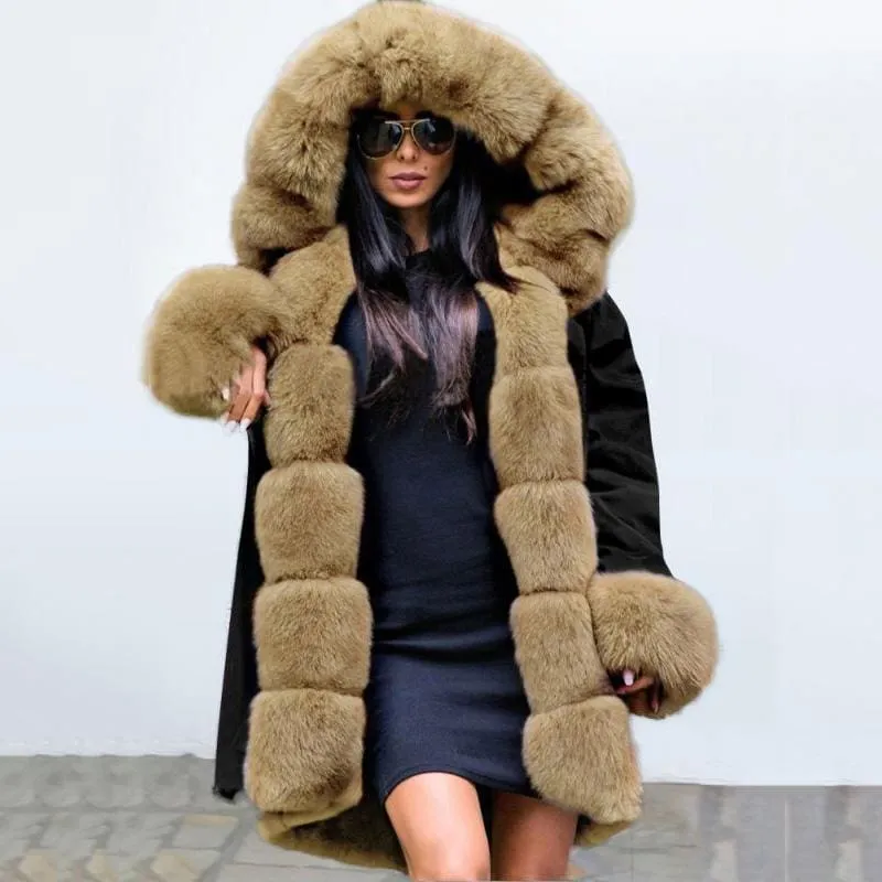 Winter Black Faux Fur-trimmed Long-length Overcoat