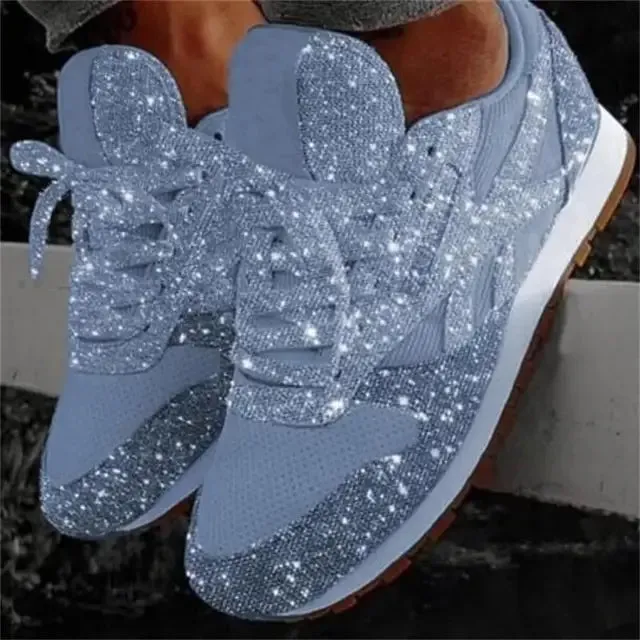 Womens Casual Sneakers  Glitter Sequin Finish  Low Cut  Lace Up  Sparkling Style